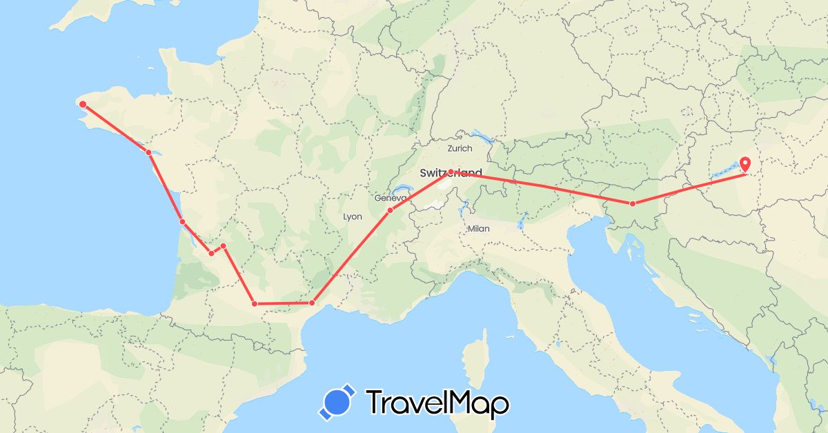 TravelMap itinerary: hiking in Switzerland, France, Hungary, Slovenia (Europe)